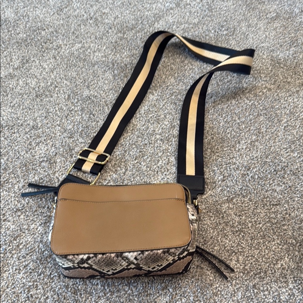 Chico's Tan and Black Crossbody Bag with Snakeskin Detail